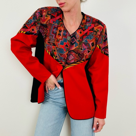 Vintage Marie Studer abstract tapestry aztec long sleeve blazer jacket - Picture 1 of 11